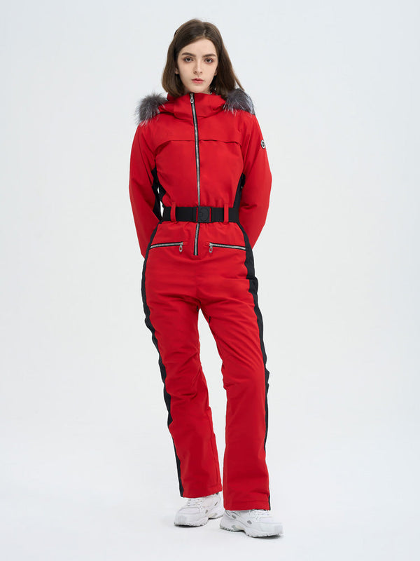 Women's High Experience Mountain Chic Faux-Fur Trim Flare Onesie Ski Jumpsuit