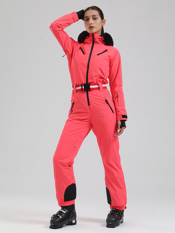 Women's Gsou Snow Alpine Faux-Fur Hood Slim Retro Ski Jumpsuit