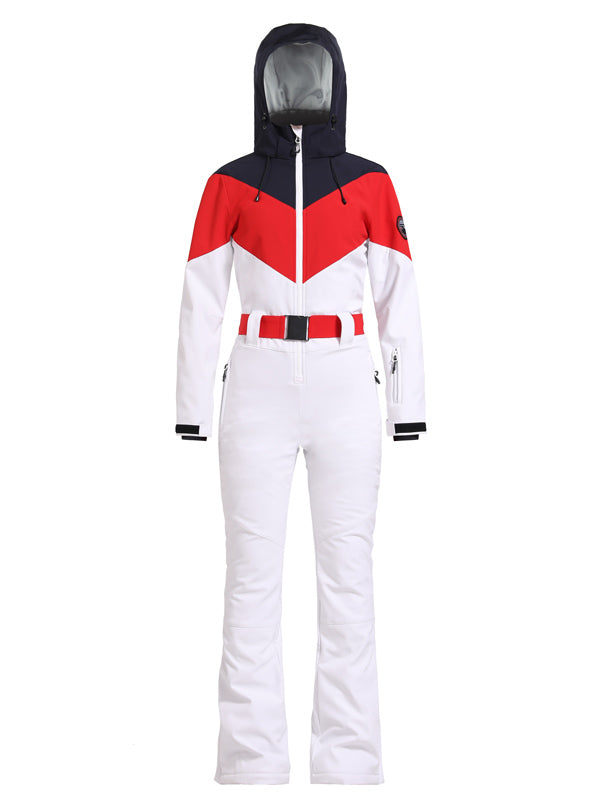 Women's Gsou Snow Retro Belted Color-Blocked Flare One Piece Ski Suit