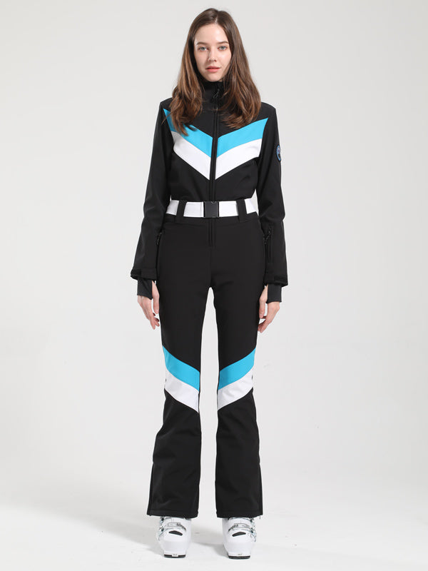 Women's Gsou Snow Retro Belted V Striped Flare Ski Suit