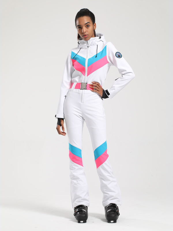 Women's Gsou Snow Retro Belted V Striped Flare One Piece Ski Suit